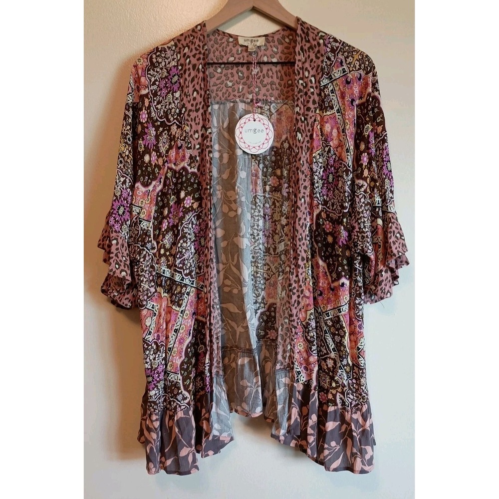 Umgee NWT Mixed Patchwork Print Kimono Cardigan S Boho Floral Leopard Ruffle